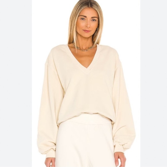 Agolde Tops - AGOLDE Low V-Neck Balloon Sleeve Cotton Sweatshirt in Beige Neutral